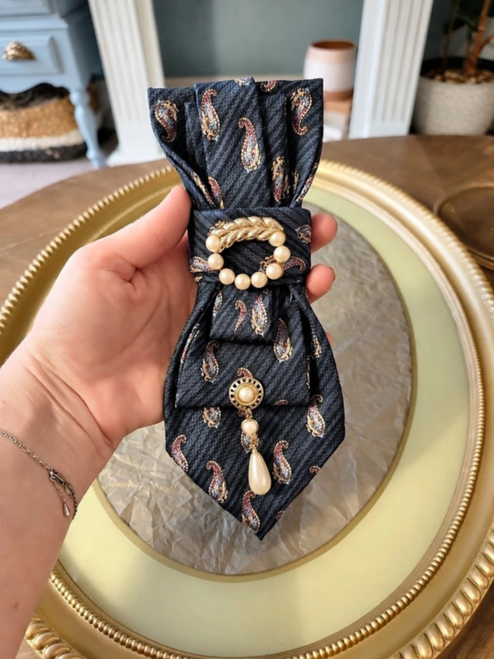 Christian Dior Vintage Paisley Silk Tie Necklace With Vintage Marked Brooch